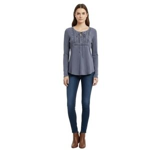 LUCKY BRAND Thermal Knit Shirt Womens Medium Blue Grey Lace Up Front Long Sleeve